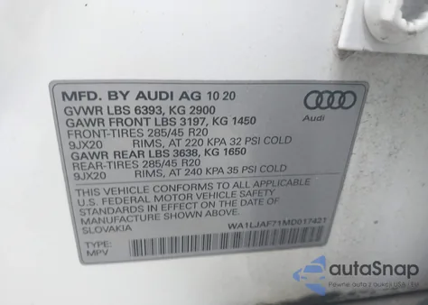 2021 Audi Q7 Premium Plus 45 Tfsi Quattro Tiptronic из США, поврежденный, VIN WA1LJAF71MD017421